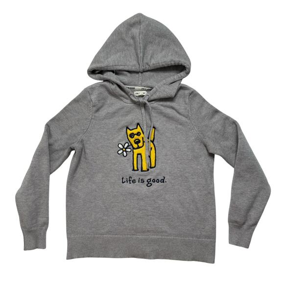 LIFE IS GOOD Yellow Daisy Dog Gray Hooded Sweater Size Small Womens Pullover - Picture 4 of 10